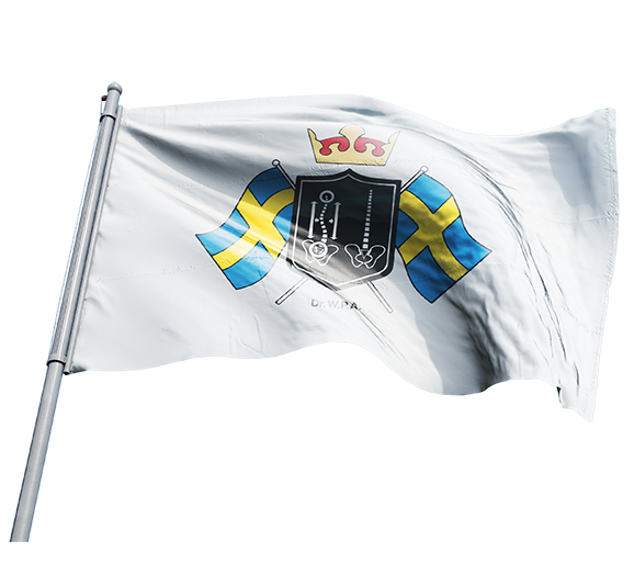 Ackermann Colleges flagga med institutets vapensköld
